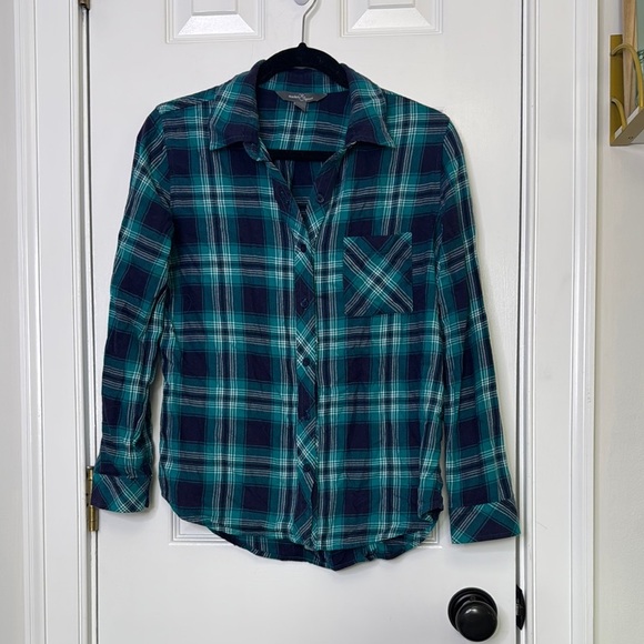 Market & Spruce Tops - Market & Spruce Blue Plaid Button Down Shirt with Notched Collar